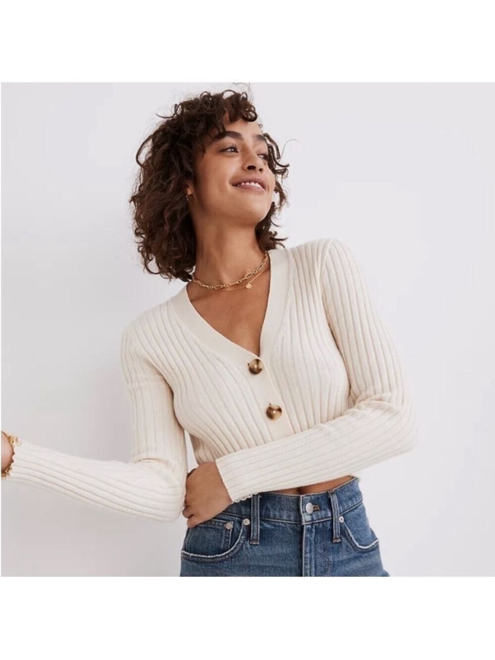 Madewell Brenville Crop Cardigan Wool Blend Sweater in Antique Cream Ribbed XS